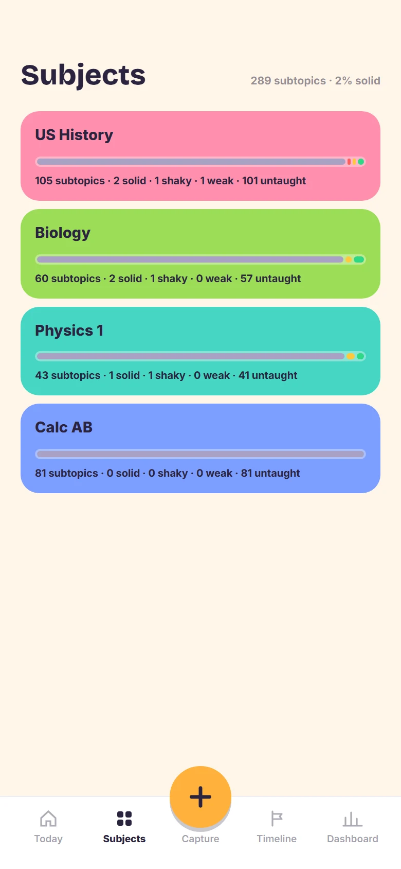 The Subjects screen of an AP account: US History, Biology, Physics 1 and Calculus AB.