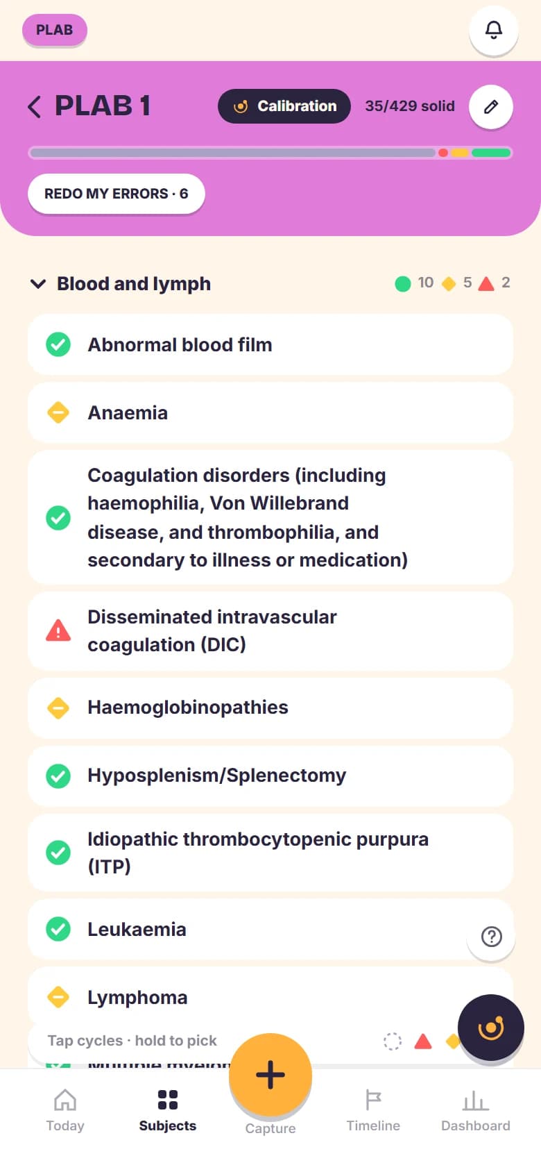 The PLAB 1 tree of a candidate's account at phone width: the GMC's conditions grouped by body system, each one rated weak, shaky or solid.