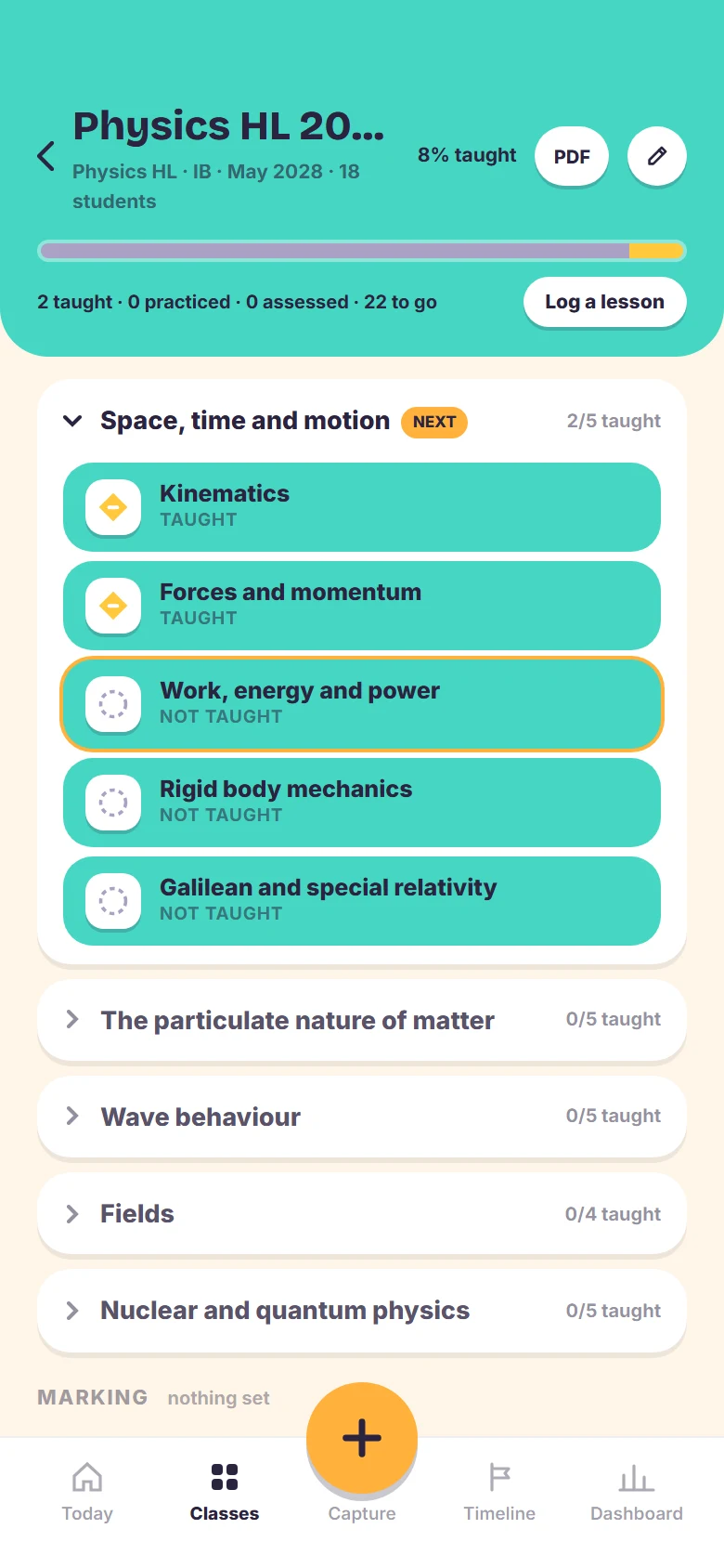 A class page: coverage per subtopic, taught and not taught, with the next lesson marked.