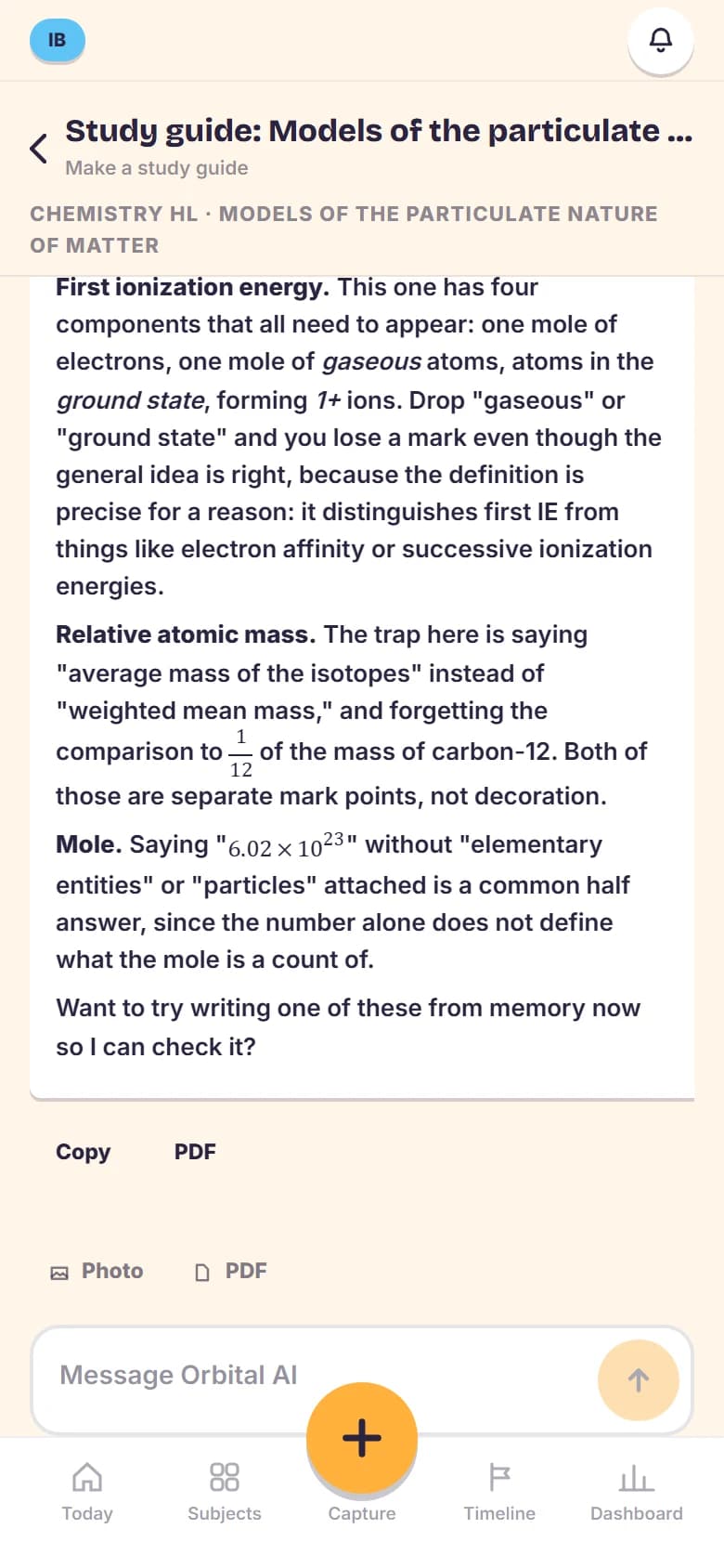 An Orbital AI thread on Chemistry: three definitions that lose marks, explained, then a question back asking the student to try one from memory.